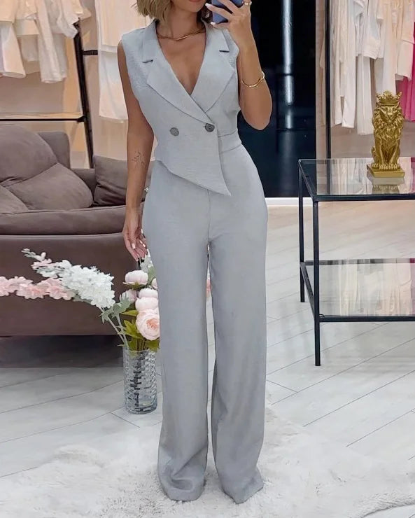 Vera – Einfarbiger Jumpsuit mit Reverskragen