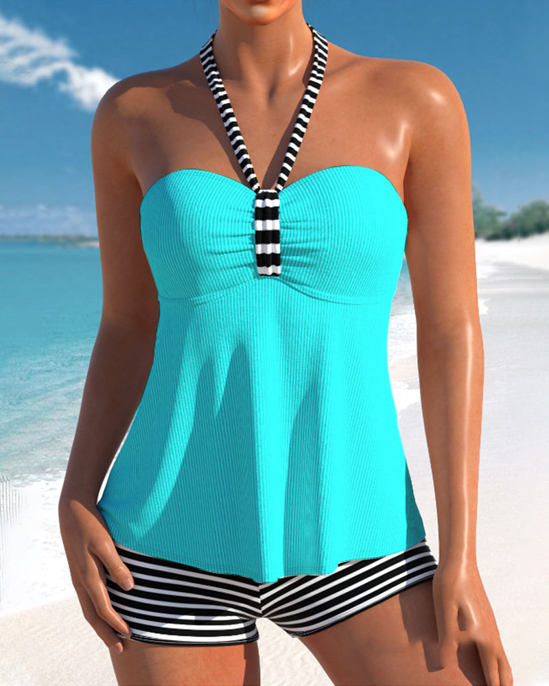SummerSure – Gestreifter Tankini-Badeanzug & Bikini mit Beachcover und Off-Shoulder-Design