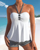 SummerSure – Gestreifter Tankini-Badeanzug & Bikini mit Beachcover und Off-Shoulder-Design