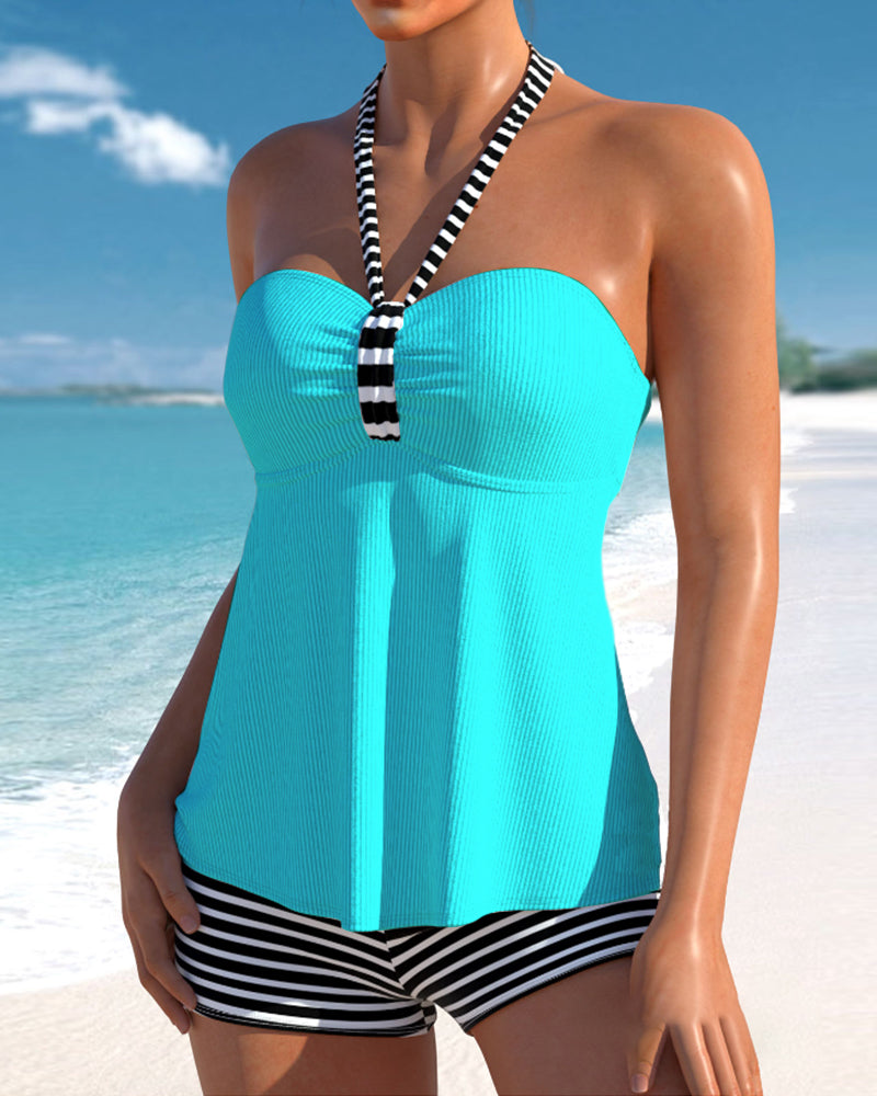 SummerSure – Gestreifter Tankini-Badeanzug & Bikini mit Beachcover und Off-Shoulder-Design