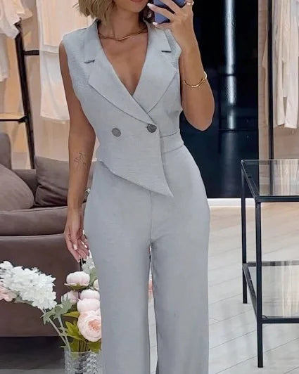 Vera – Einfarbiger Jumpsuit mit Reverskragen