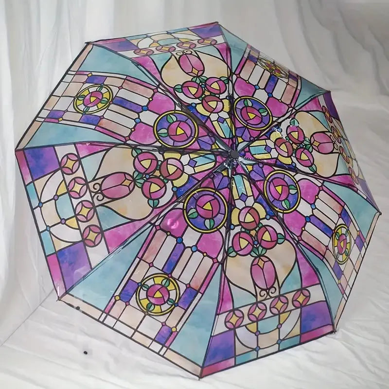 Automatischer Regenschirm – Vintage-Design mit Buntglas und Windschutz