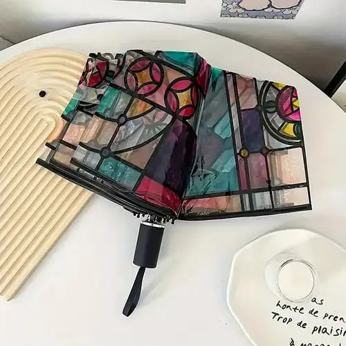 Automatischer Regenschirm – Vintage-Design mit Buntglas und Windschutz