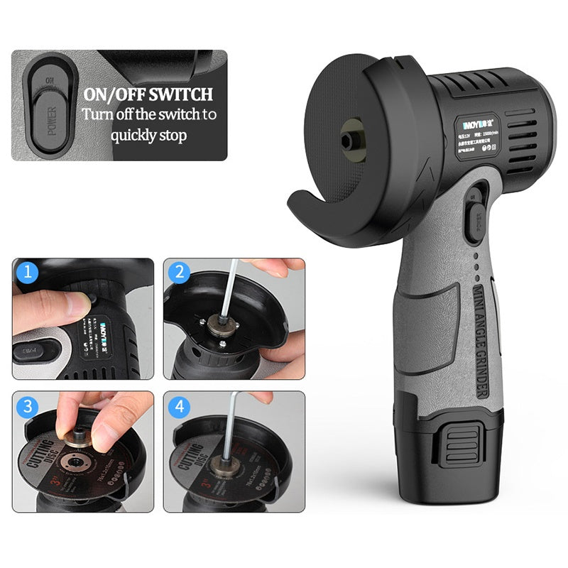 12V Mini-Winkelschleifer mit Trennscheibe – ideal für präzises Schneiden und Schleifen
